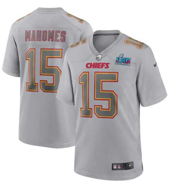 Men%27s Kansas City Chiefs #15 Patrick Mahomes Gray Super Bowl LVII Patch Atmosphere Fashion Stitched Game Jersey
